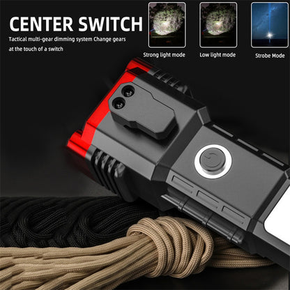 Multifunctional LED Rechargeable Torch – Powerful Flashlight with Emergency Hammer & Power Bank
