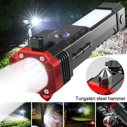 Multifunctional LED Rechargeable Torch – Powerful Flashlight with Emergency Hammer & Power Bank