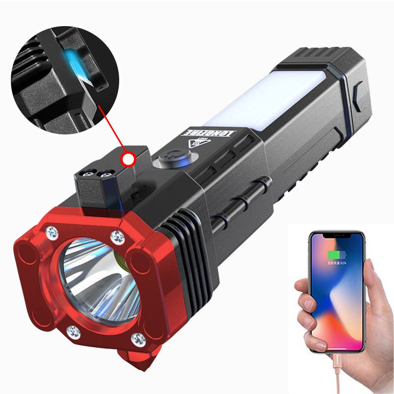 Multifunctional LED Rechargeable Torch – Powerful Flashlight with Emergency Hammer & Power Bank