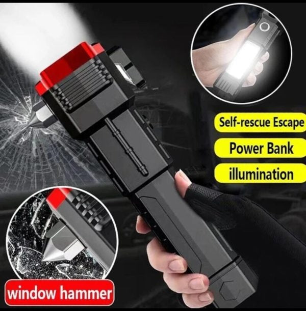Multifunctional LED Rechargeable Torch – Powerful Flashlight with Emergency Hammer & Power Bank